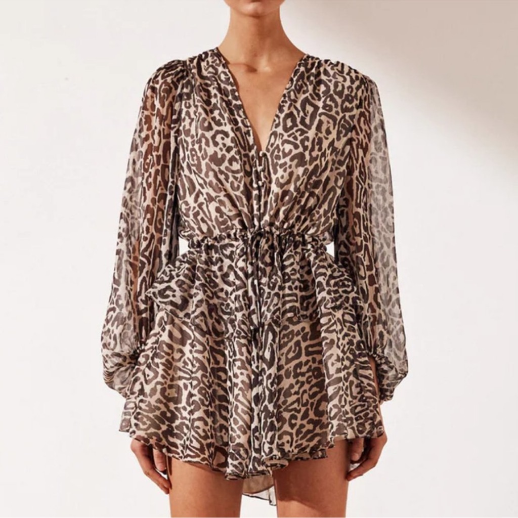Shona Joy Mariposa Leopard Print Peplum Long Sleeve Chiffon Mini Dress